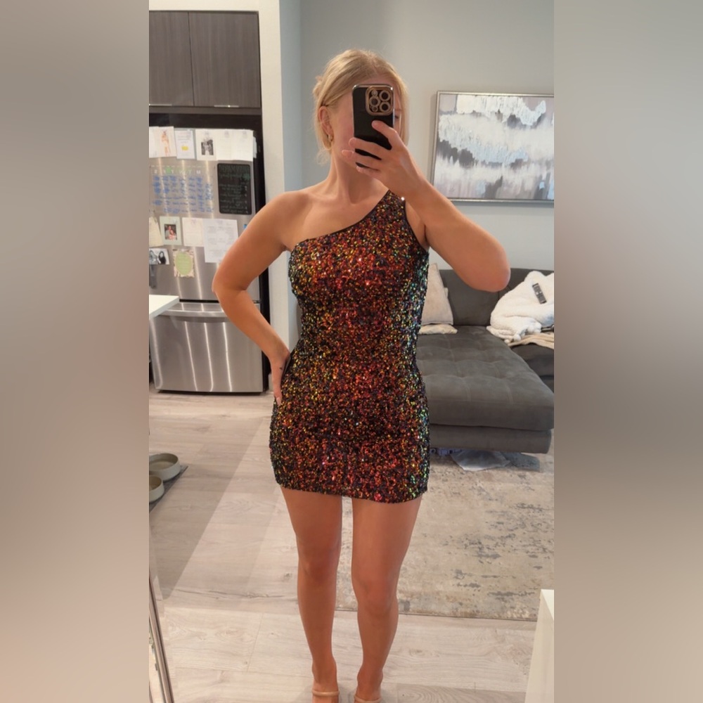 Lulus Just Tonight Black Multi Sequin One-shoulder Bodycon Dress - Size M